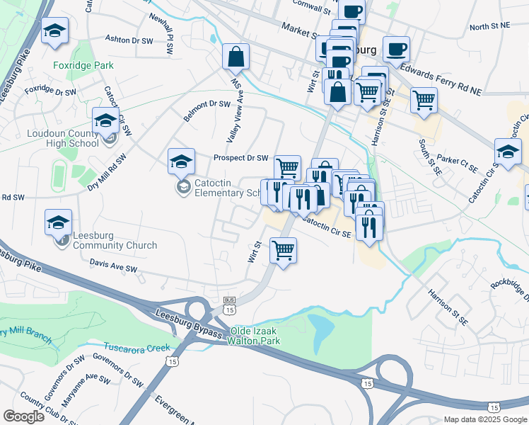 map of restaurants, bars, coffee shops, grocery stores, and more near 516 Crestwood Street Southwest in Leesburg