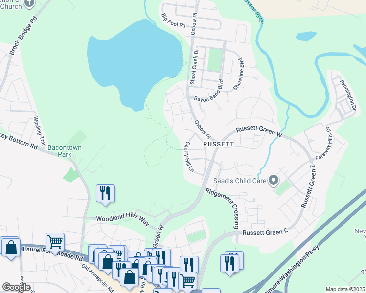 map of restaurants, bars, coffee shops, grocery stores, and more near 112 Cherry Hill Lane in Laurel