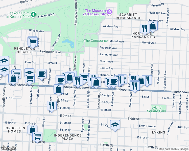 map of restaurants, bars, coffee shops, grocery stores, and more near 3110 Thompson Avenue in Kansas City