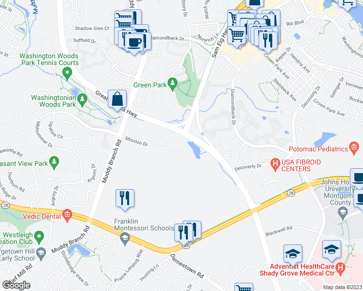 map of restaurants, bars, coffee shops, grocery stores, and more near 139 Mission Drive in Gaithersburg
