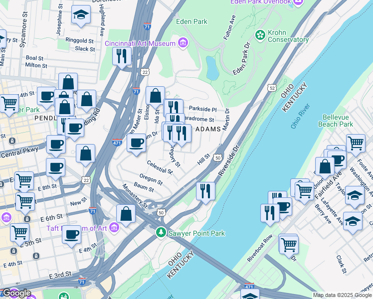 map of restaurants, bars, coffee shops, grocery stores, and more near 1110 Belvedere Street in Cincinnati