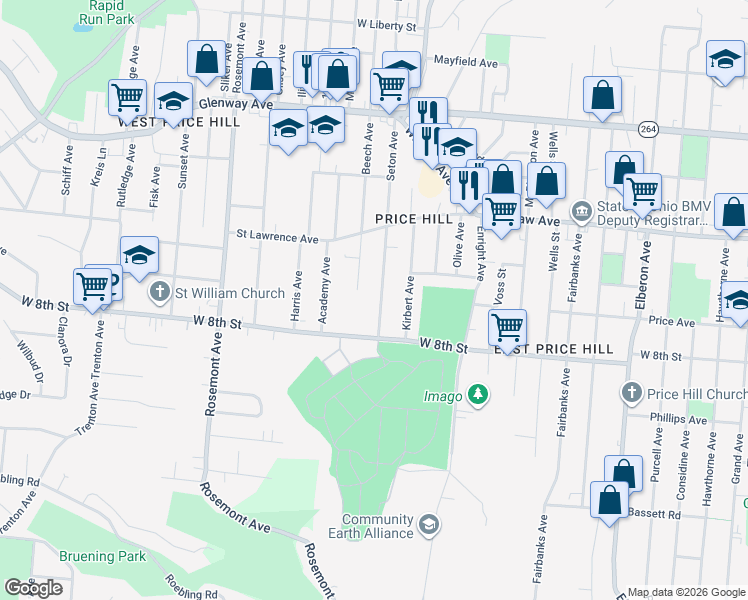map of restaurants, bars, coffee shops, grocery stores, and more near 836 Beech Avenue in Cincinnati