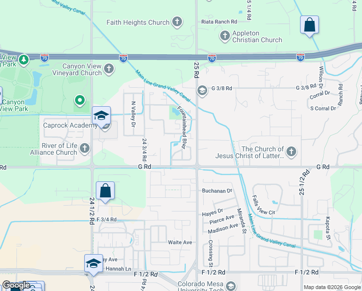 map of restaurants, bars, coffee shops, grocery stores, and more near 706 Fountainhead Boulevard in Grand Junction