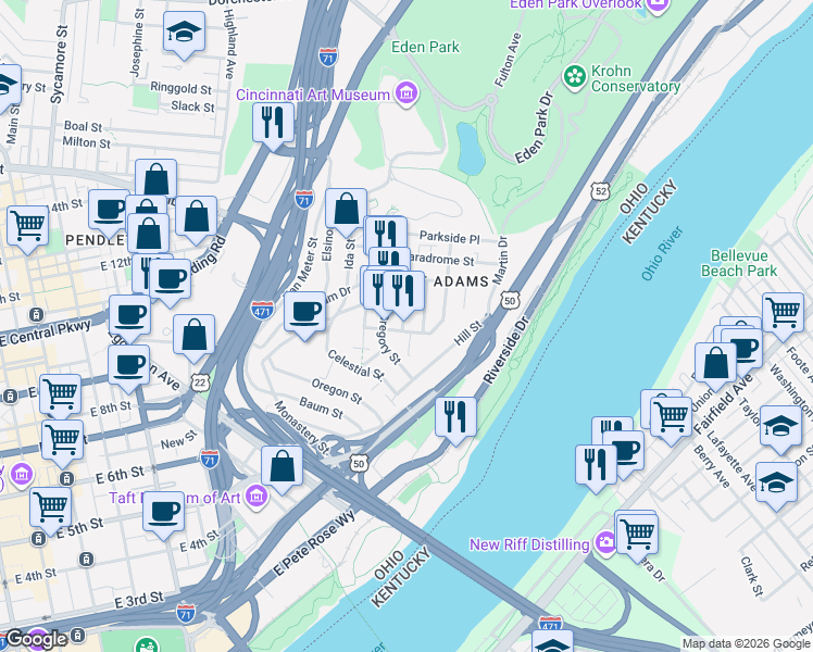 map of restaurants, bars, coffee shops, grocery stores, and more near 1110 Belvedere Street in Cincinnati