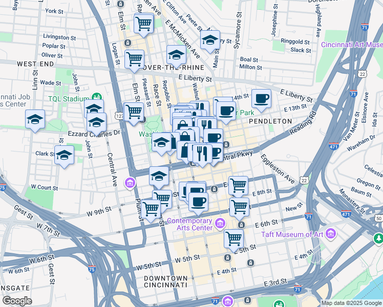 map of restaurants, bars, coffee shops, grocery stores, and more near in Cincinnati