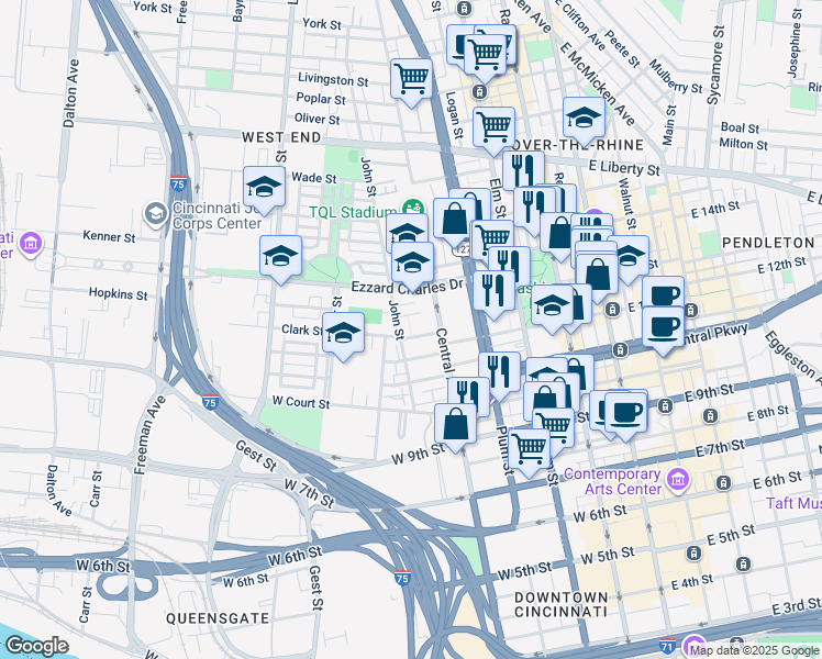 map of restaurants, bars, coffee shops, grocery stores, and more near 415 Hopkins Street in Cincinnati