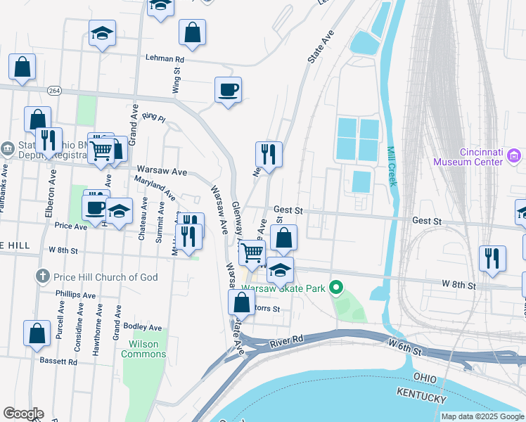map of restaurants, bars, coffee shops, grocery stores, and more near 1001 State Avenue in Cincinnati