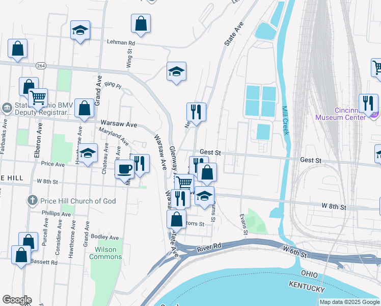 map of restaurants, bars, coffee shops, grocery stores, and more near 1001 State Avenue in Cincinnati
