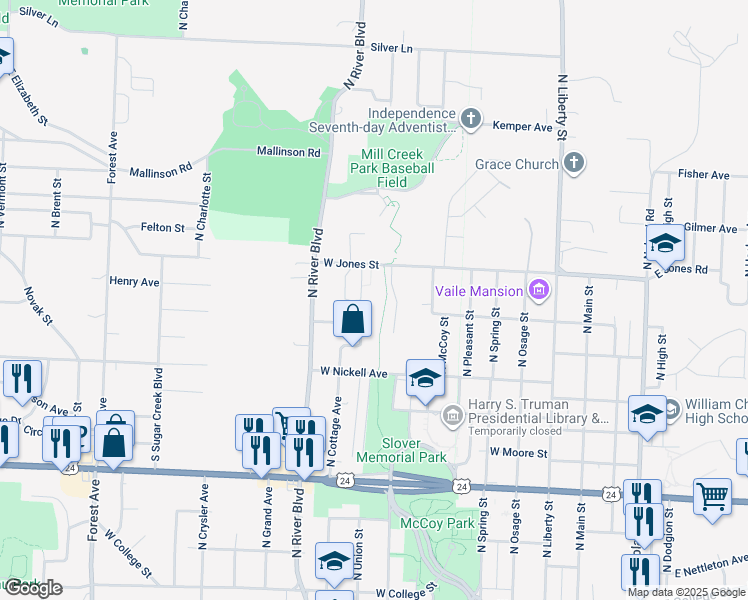 map of restaurants, bars, coffee shops, grocery stores, and more near 1419 Delaware Court in Independence