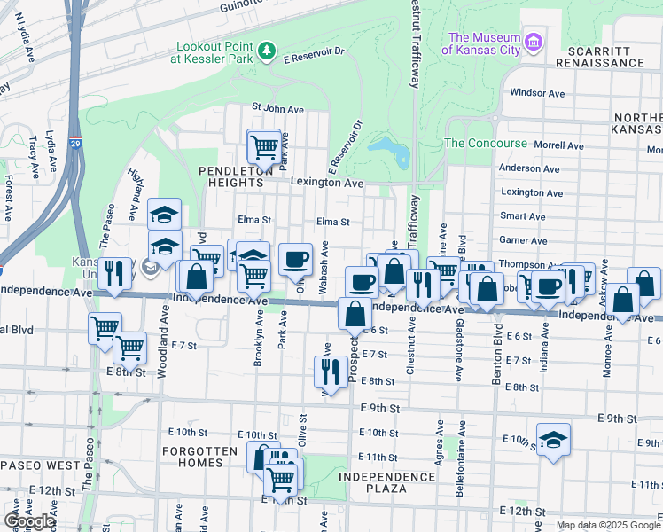 map of restaurants, bars, coffee shops, grocery stores, and more near 514 Wabash Avenue in Kansas City