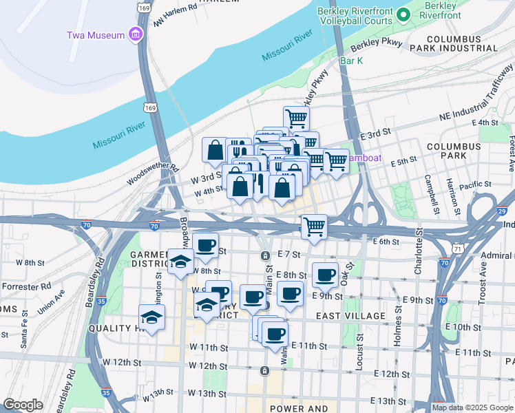 map of restaurants, bars, coffee shops, grocery stores, and more near 509 Delaware Street in Kansas City