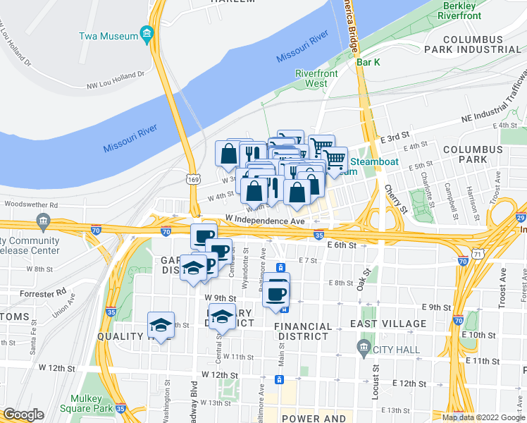 map of restaurants, bars, coffee shops, grocery stores, and more near 509 Delaware Street in Kansas City