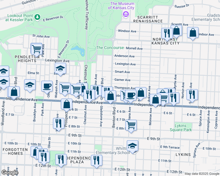 map of restaurants, bars, coffee shops, grocery stores, and more near 3123 Thompson Avenue in Kansas City