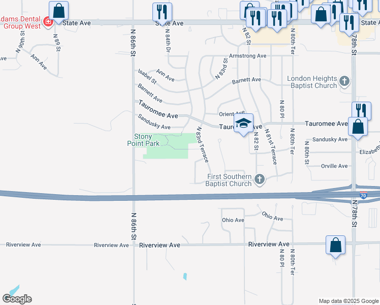 map of restaurants, bars, coffee shops, grocery stores, and more near 8363 Elizabeth Avenue in Kansas City