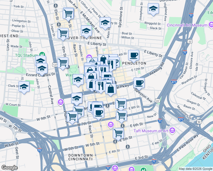 map of restaurants, bars, coffee shops, grocery stores, and more near 100 East Central Parkway in Cincinnati
