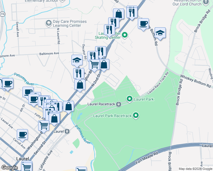 map of restaurants, bars, coffee shops, grocery stores, and more near 10110 Seattle Slew Lane in Laurel