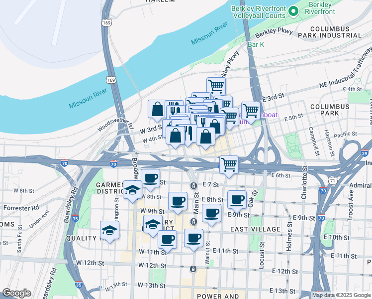 map of restaurants, bars, coffee shops, grocery stores, and more near 509 Delaware Street in Kansas City