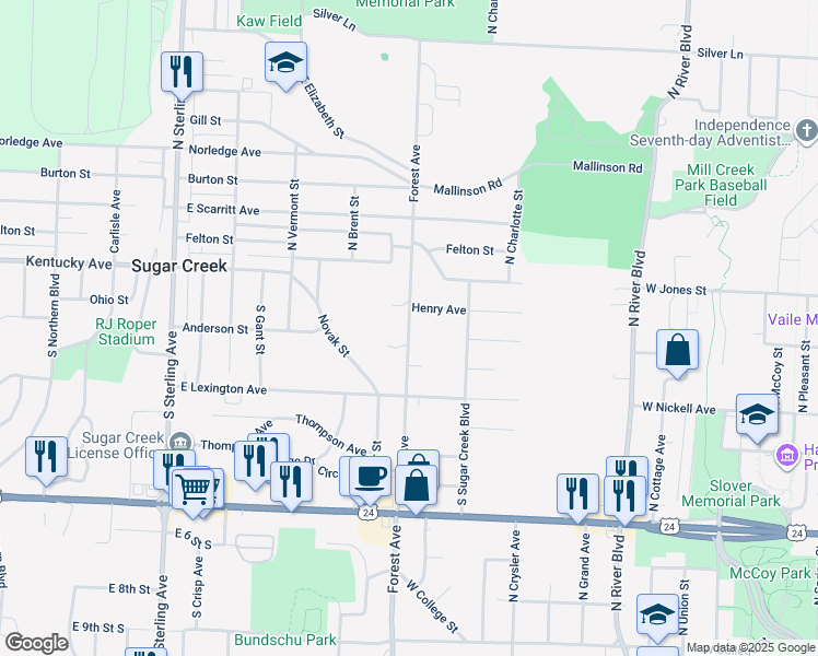 map of restaurants, bars, coffee shops, grocery stores, and more near 151 Forest Street in Sugar Creek