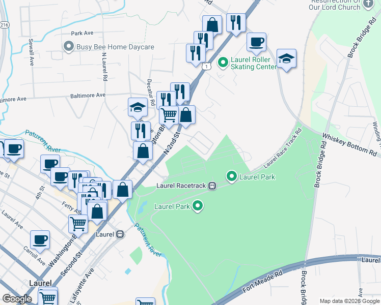 map of restaurants, bars, coffee shops, grocery stores, and more near 10110 Seattle Slew Lane in Laurel