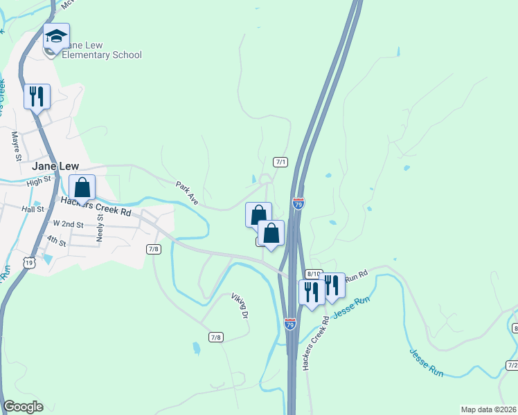 map of restaurants, bars, coffee shops, grocery stores, and more near 193 County Road 7/7 in Jane Lew