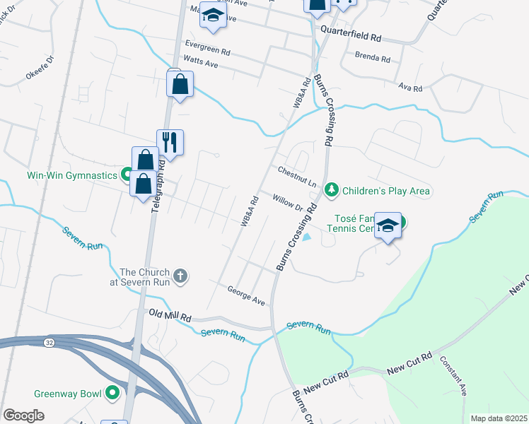 map of restaurants, bars, coffee shops, grocery stores, and more near 80 West Virginia Avenue in Severn