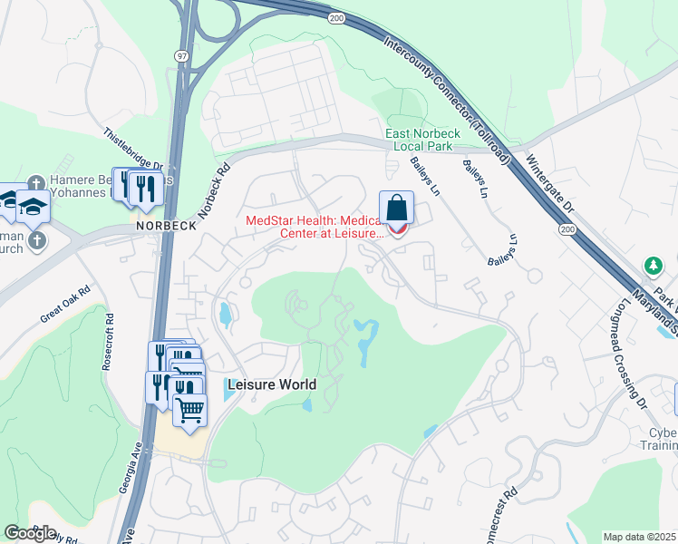 map of restaurants, bars, coffee shops, grocery stores, and more near 15101 Interlachen Drive in Silver Spring