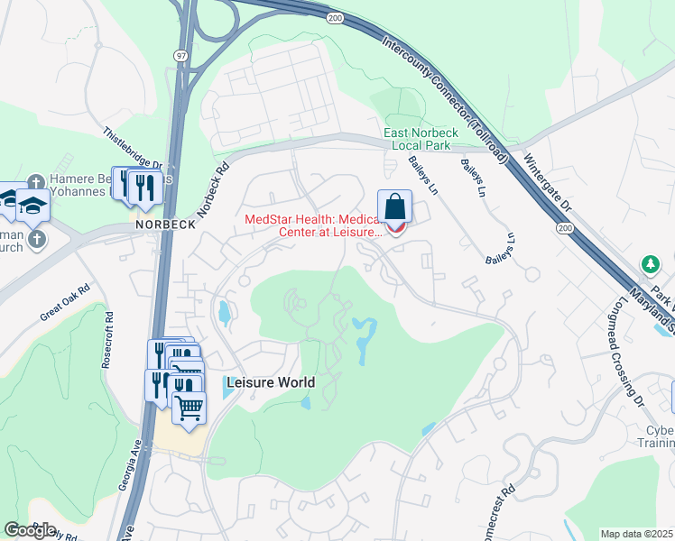 map of restaurants, bars, coffee shops, grocery stores, and more near 15100 Interlachen Drive in Silver Spring