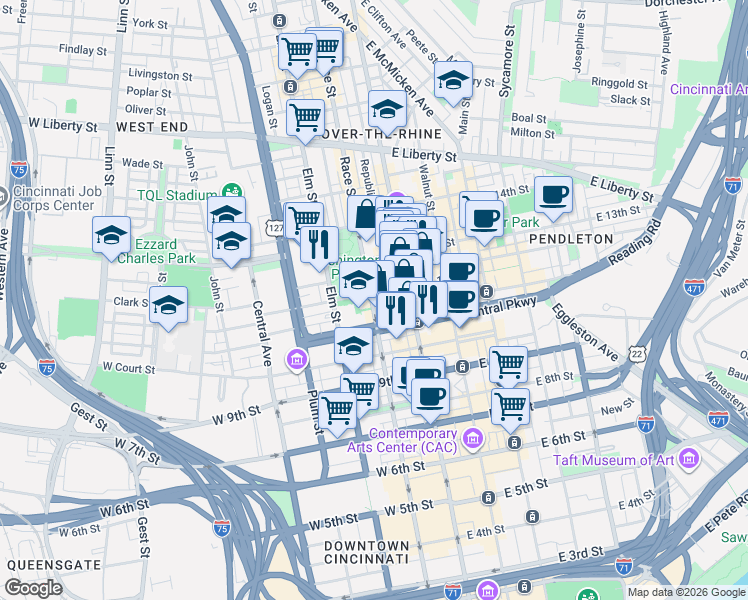 map of restaurants, bars, coffee shops, grocery stores, and more near in Cincinnati