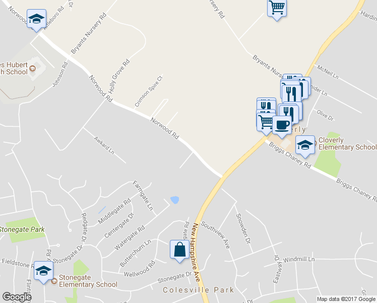 map of restaurants, bars, coffee shops, grocery stores, and more near 40 Norwood Road in Silver Spring