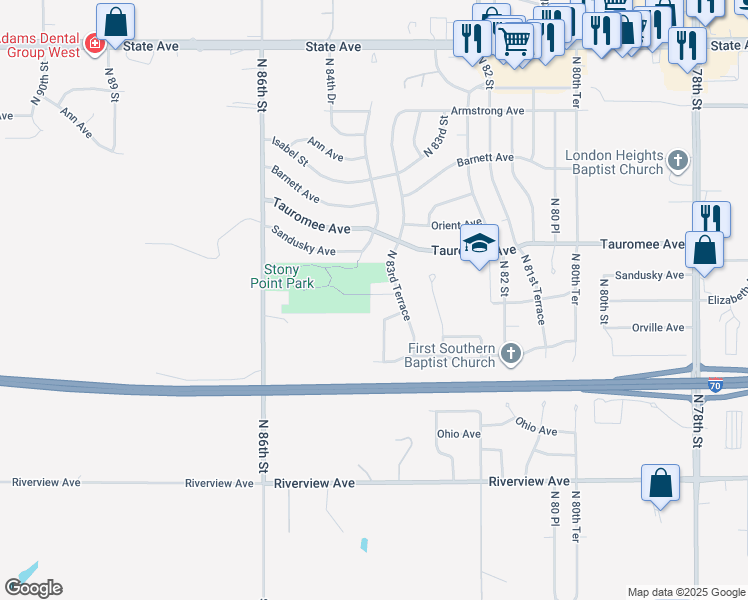 map of restaurants, bars, coffee shops, grocery stores, and more near 8363 Elizabeth Avenue in Kansas City