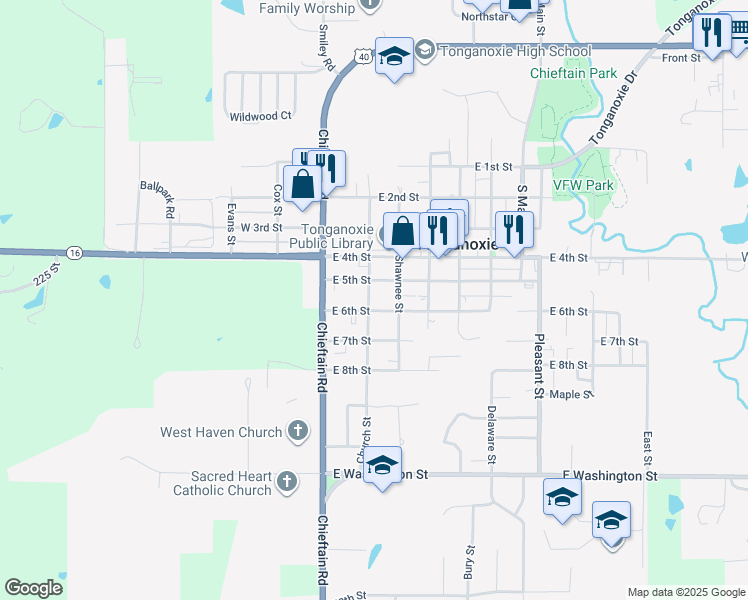 map of restaurants, bars, coffee shops, grocery stores, and more near 527 Church Street in Tonganoxie