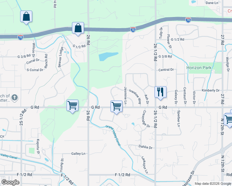map of restaurants, bars, coffee shops, grocery stores, and more near 723 Ivanhoe Way in Grand Junction