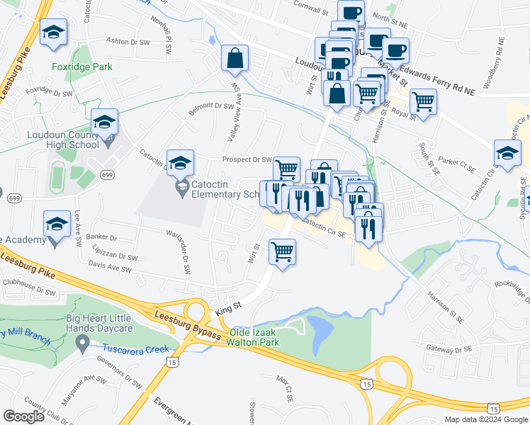 map of restaurants, bars, coffee shops, grocery stores, and more near 512 Crestwood Street Southwest in Leesburg