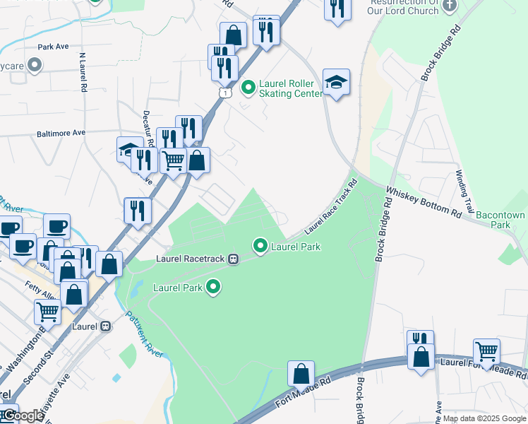 map of restaurants, bars, coffee shops, grocery stores, and more near 10012 American Pharoah Lane in Laurel