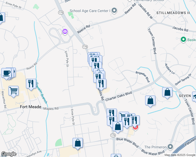 map of restaurants, bars, coffee shops, grocery stores, and more near 1668 Annapolis Road in Odenton
