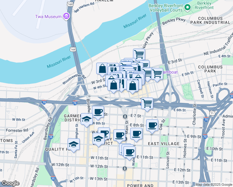 map of restaurants, bars, coffee shops, grocery stores, and more near 509 Delaware Street in Kansas City