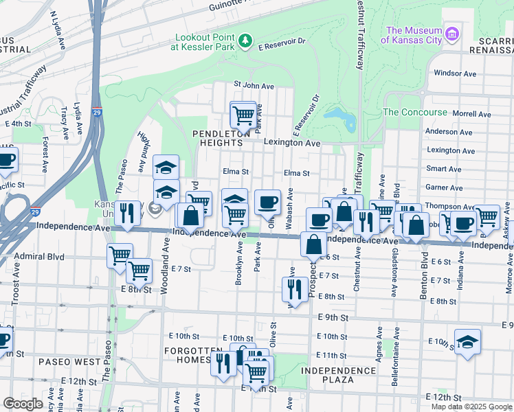 map of restaurants, bars, coffee shops, grocery stores, and more near 516 Park Avenue in Kansas City