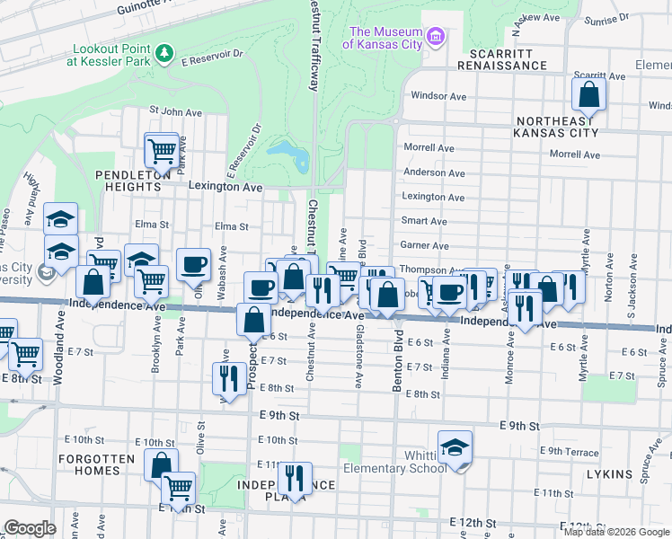 map of restaurants, bars, coffee shops, grocery stores, and more near 445 Bellefontaine Avenue in Kansas City
