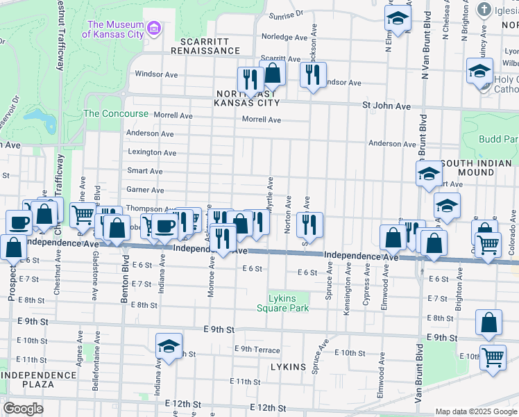 map of restaurants, bars, coffee shops, grocery stores, and more near 3838 Thompson Avenue in Kansas City