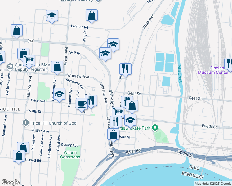 map of restaurants, bars, coffee shops, grocery stores, and more near 2362 Wilder Avenue in Cincinnati