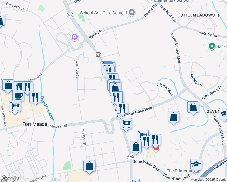 map of restaurants, bars, coffee shops, grocery stores, and more near 1668 Annapolis Road in Odenton
