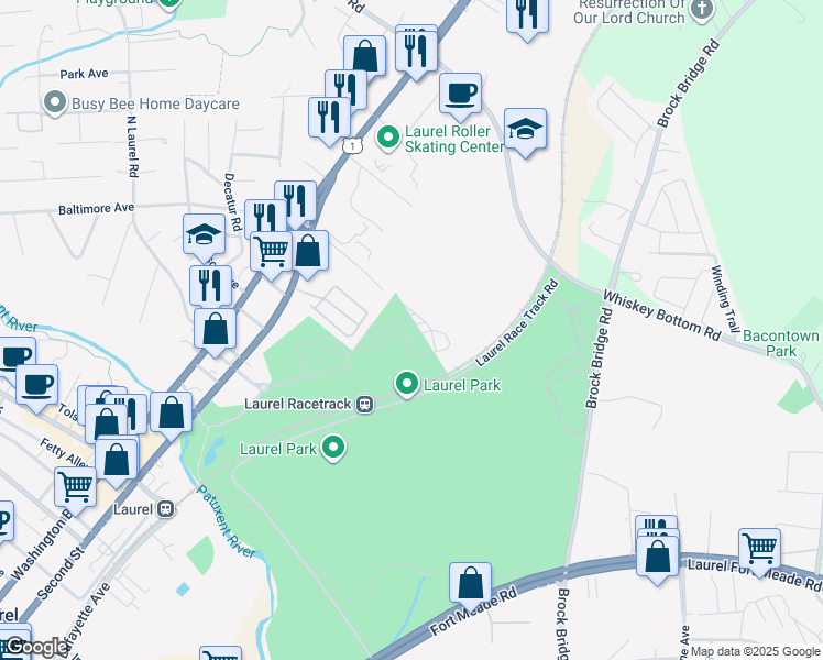map of restaurants, bars, coffee shops, grocery stores, and more near 10012 American Pharoah Lane in Laurel