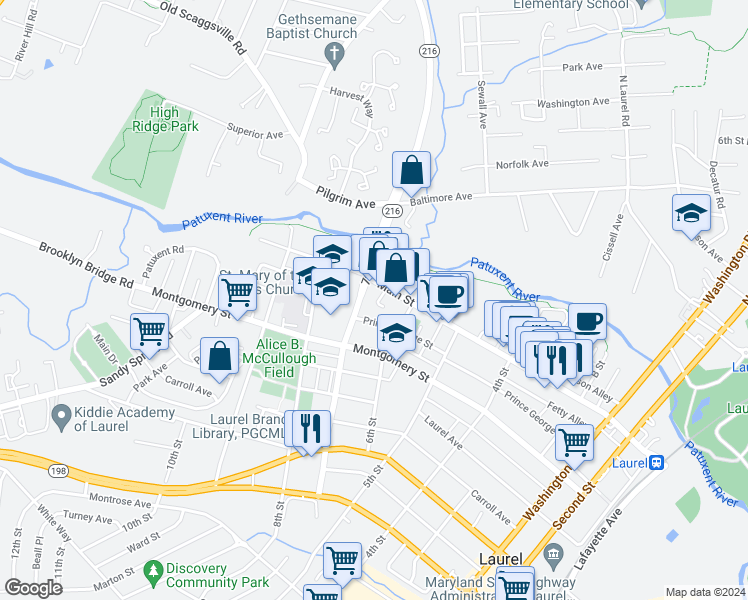 map of restaurants, bars, coffee shops, grocery stores, and more near 610 Main Street in Laurel