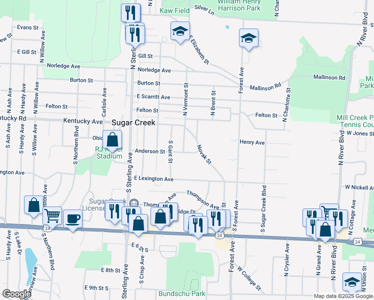 map of restaurants, bars, coffee shops, grocery stores, and more near 11500 Anderson Street in Sugar Creek