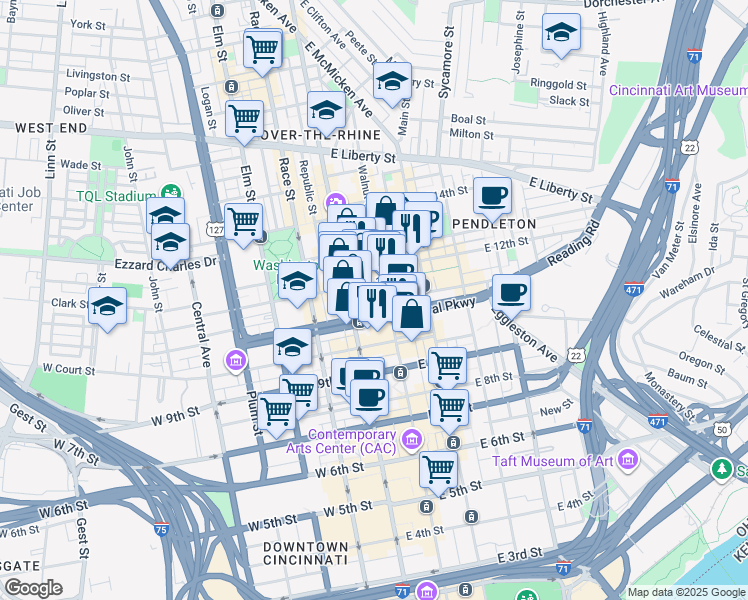 map of restaurants, bars, coffee shops, grocery stores, and more near 1112 Walnut Street in Cincinnati