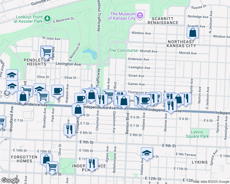 map of restaurants, bars, coffee shops, grocery stores, and more near 445 Bellefontaine Avenue in Kansas City