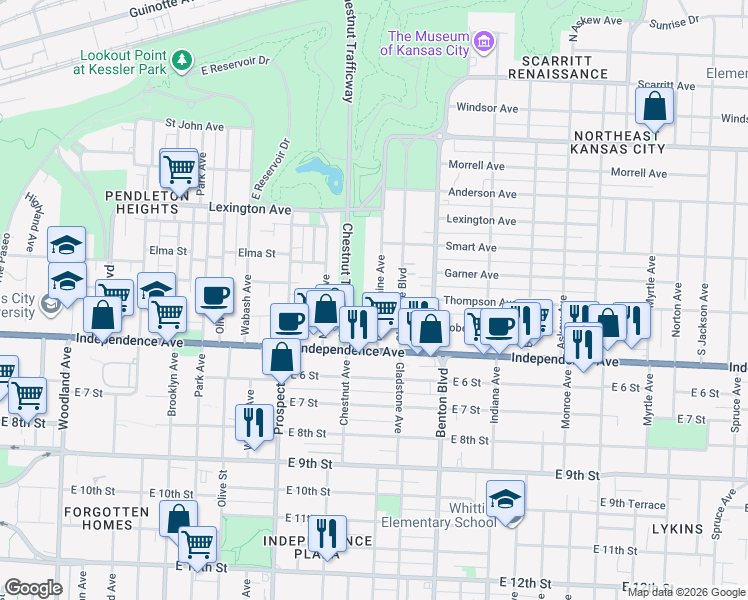 map of restaurants, bars, coffee shops, grocery stores, and more near 445 Bellefontaine Avenue in Kansas City