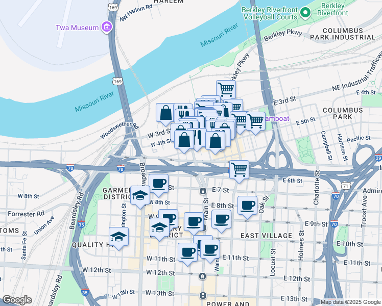 map of restaurants, bars, coffee shops, grocery stores, and more near 509 Delaware Street in Kansas City