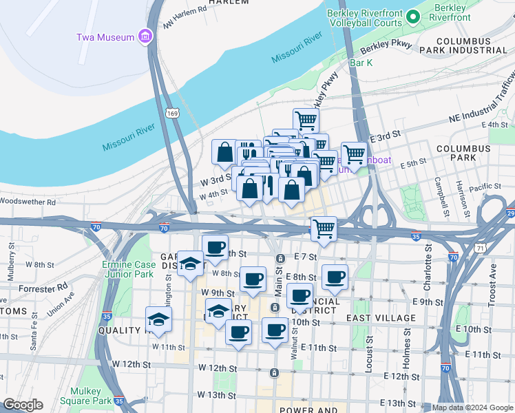 map of restaurants, bars, coffee shops, grocery stores, and more near 509 Delaware Street in Kansas City