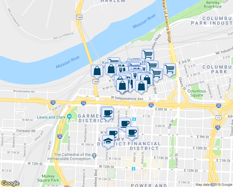 map of restaurants, bars, coffee shops, grocery stores, and more near 318 West 7th Street in Kansas City